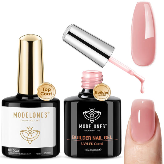 modelones Builder Nail Gel with Gel Top Coat, 8-In-One Nude Pink Builder Acid Free Top Coat for Color Rubber Base Nail Polish Thickening Apex Building Shine Finish, LED Lamp Cured 10ml Home DIY Salon