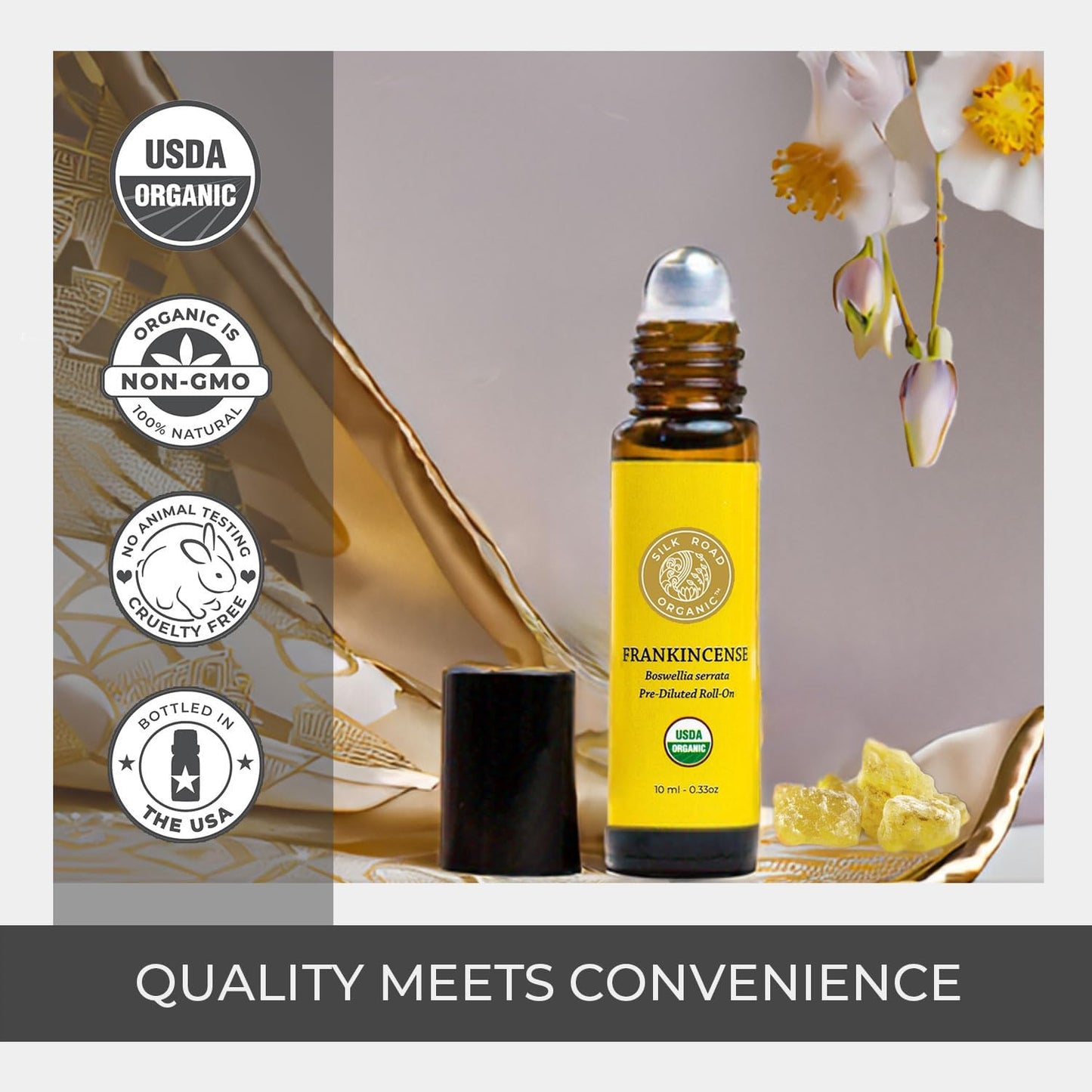 Silk Road Organic Frankincense Serrata Essential Oil Roll on, 100% Pure USDA Certified Aromatherapy for Skin Health, Aging, Fine Lines & Body Aches - 10 ml Roller