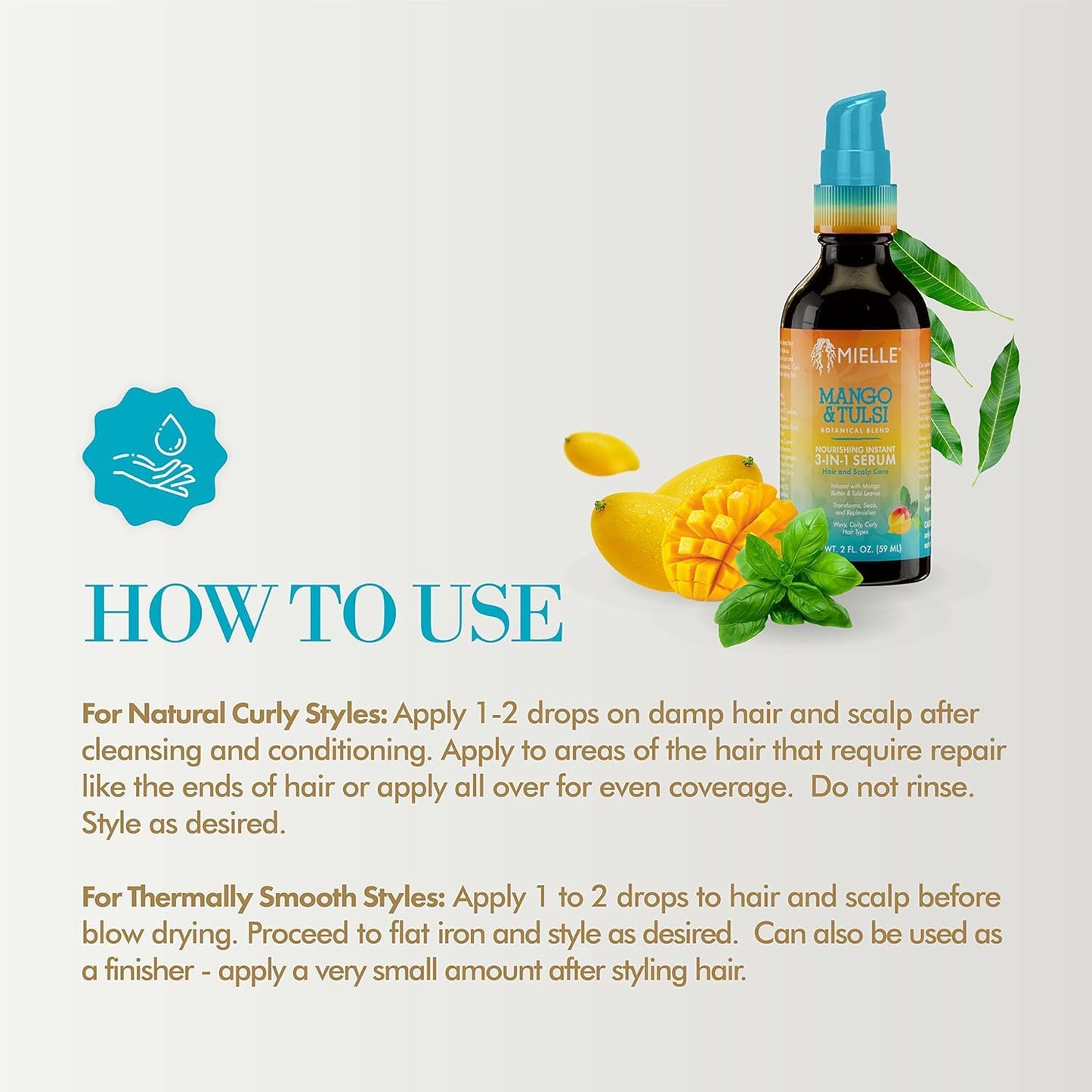 Mielle Organics Mango & Tulsi Nourishing 3-in-1 Hair Serum - Hair & Scalp Serum for Frizz Control, Split Ends & Moisture Balance - Strengthens & Seals Cuticles with Nutrients (12 Fl Oz)