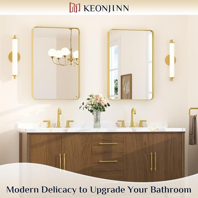 Keonjinn Gold Bathroom Mirrors for Wall 20 x 30 Inch Rounded Rectangle Gold - Image 2