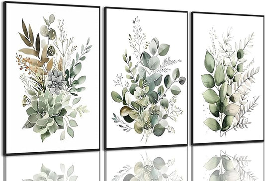 Bwodke Botanical Wall Art Plant Floral Watercolor Canvas Prints Set of 3 Framed by Bwodke