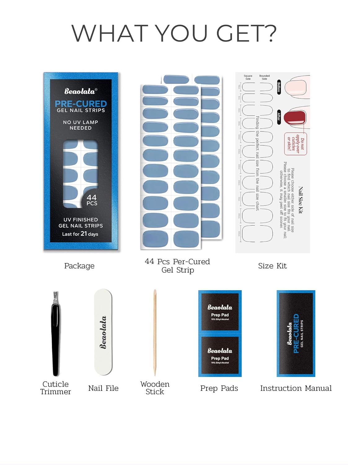 Pre Cured Gel Nail Strips - 44PCS Salon Quality Gel Nail Stickers - Long Lasting Polish Wraps for Women no UV Light Needed Easy Apply& Remove (Moss Blue)