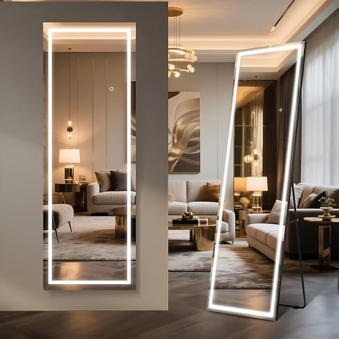 Kosmonia 67x24 Frameless Full Length Mirror, Dimmable 3 Color LED Light by Kosmonia
