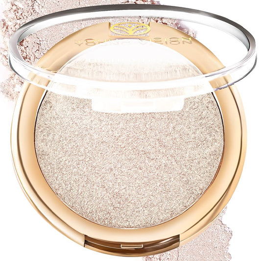 YOUNG VISION Pressed Powder Highlighter, Baked Natural Glow Contour Powder & Face Highlighter, Cruelty Free, Shimmer Highlighting Makeup for Face, Eye, Eyeshadow, Body, Skin (White)