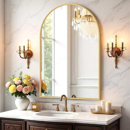 Bathroom Mirror for Wall, 36x24 Inch Arched Mirror, Matte Gold Metal Framed by Atilioo