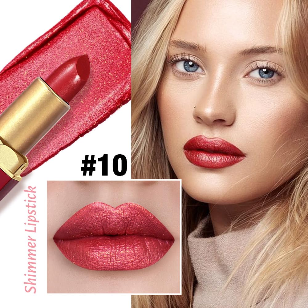 Red Metallic Lipstick for Women,Lightweight Shimmer Frosted Lipstick,Glitter Lip Gloss Stain Long Lasting Waterproof Smudge Proof 24 Hour Full Coverage Lip Makeup,Vegan