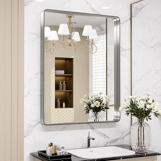 LOAAO 32X36 Inch Brushed Nickel Bathroom Mirror, Rounded Rectangle Silver Metal by LOAAO