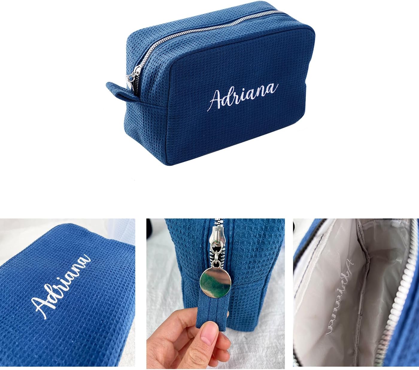 GOPHIE Personalized Embroidered Makeup Bag,Custom Waffle Fabric Cosmetic Pouch for Women, Travel Makeup Pouch (1, Navy Blue)