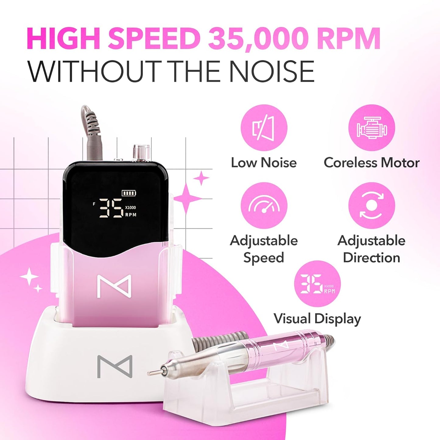 M Mase- Professional Nail Drill Machine - Coreless 2-in-1 Nail File - Electric, Cordless, 35000 RPM, HD Display - Electric Nail Drill for Professional & Home Use (Unicorn Pink)