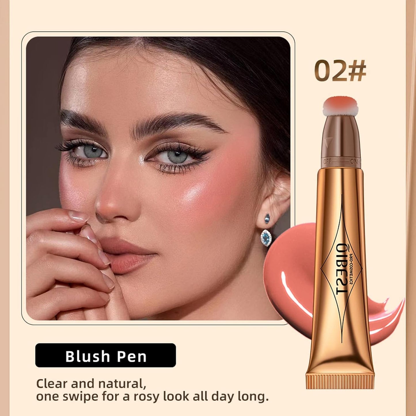 Blush Beauty Wand, Liquid Face Blush with Cushion Applicator, Silky Smooth Cream Blush Stick Natural Matte Finish, Lightweight Blendable Blush Stick Makeup for Cheek Lip eye, Cruelty-free（Peach Pink）