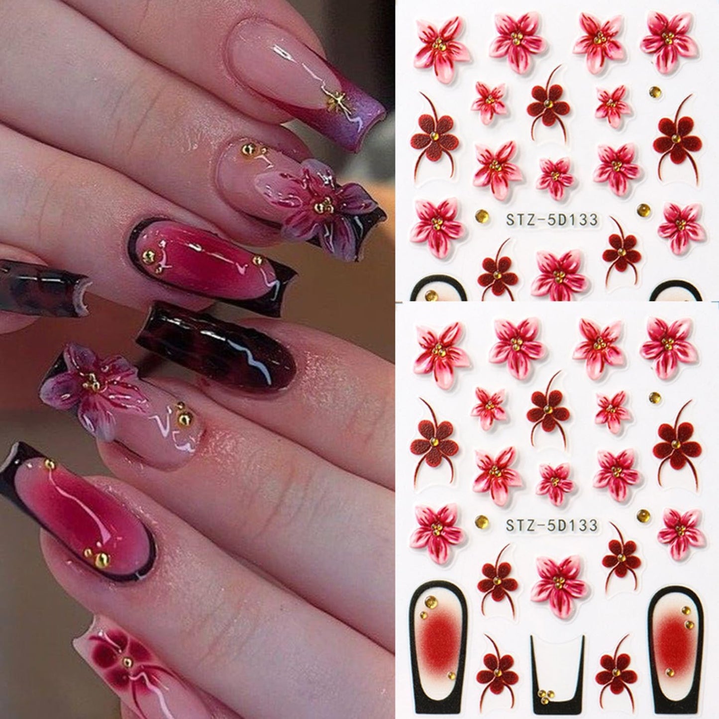 Leopard Print Nail Art Stickers Decals French Tip Nails Stickers 5D Embossed Flower Nails Decal Self-Adhesive Nail Art Decal for Women Manicure Decor