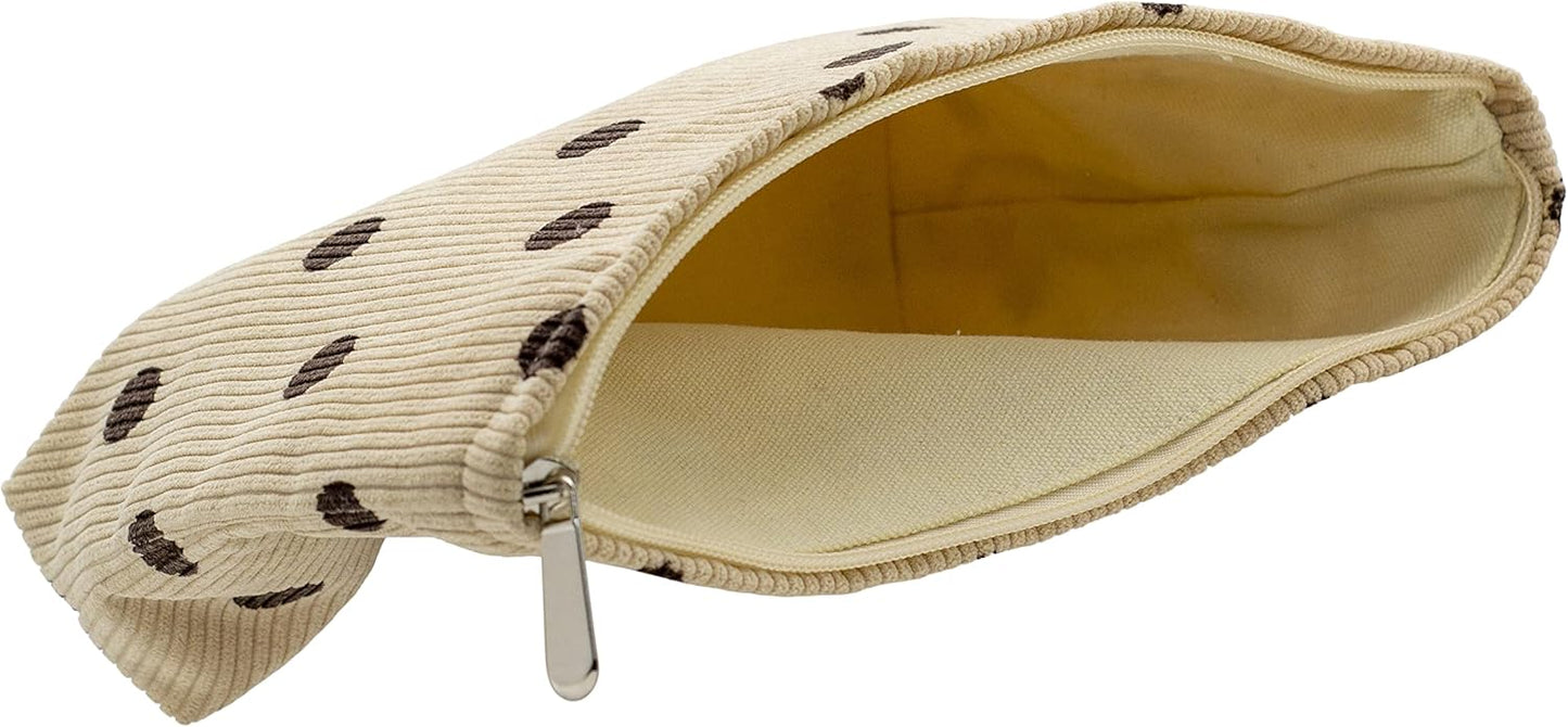 PAZIMIIK Makeup Bag Large Zipper Corduroy Make Up Pouch for Purse Travel Canvas Cosmetic Organizer for Women Brush Storage,Polka Dot Beige