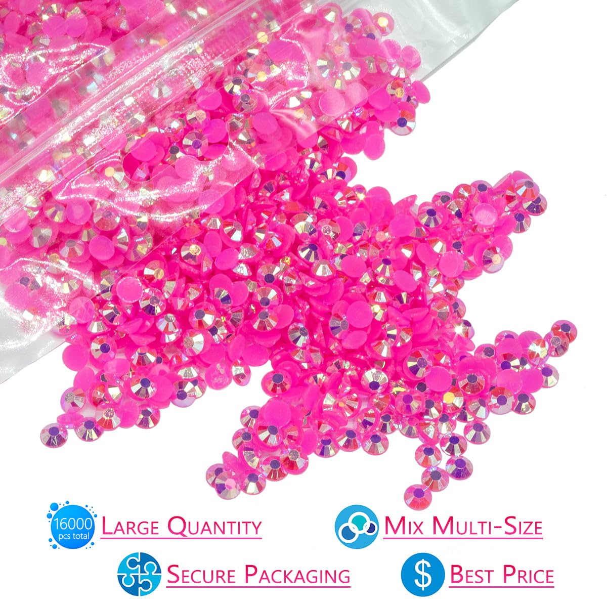 16000PCS Hot Pink AB Resin Rhinestones for Crafting 3mm 4mm 5mm Rose Pink Flatback Jelly Stones Bulk SS10 SS16 SS20 Diamonds Gems Charms for Nails Face Eyes Makeup Mugs Tumblers Bottles Crafts Shoes