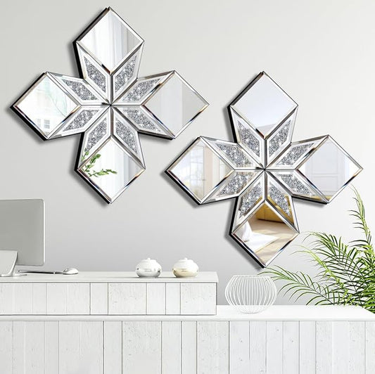 Crushed Diamond Decorative Mirror 2 Pack 16.75x16.75” Diamond Shape Glass Decor by VOHJD