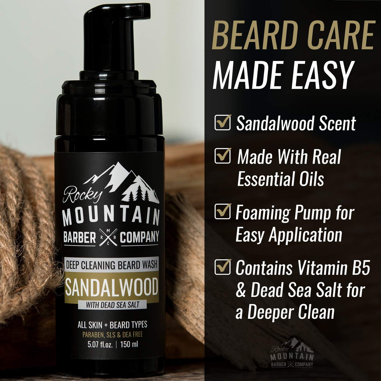 Rocky Mountain Barber Company Foaming Sandalwood Beard Wash – With Sandalwood Essential Oil, Vitamin B5 & Dead Sea Salt - 5 oz