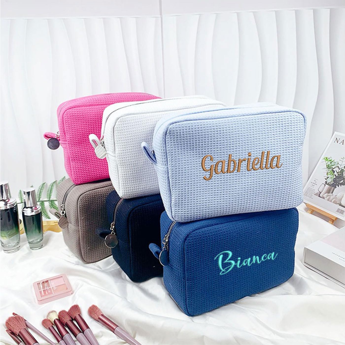 GOPHIE Personalized Embroidered Makeup Bag,Custom Waffle Fabric Cosmetic Pouch for Women, Travel Makeup Pouch (6, Sky Blue)