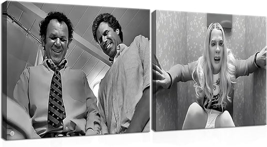 Framed Funny Movie Bathroom Canvas Wall Art Set of 2 – Black and White Vintage by ZNHARTWallArt