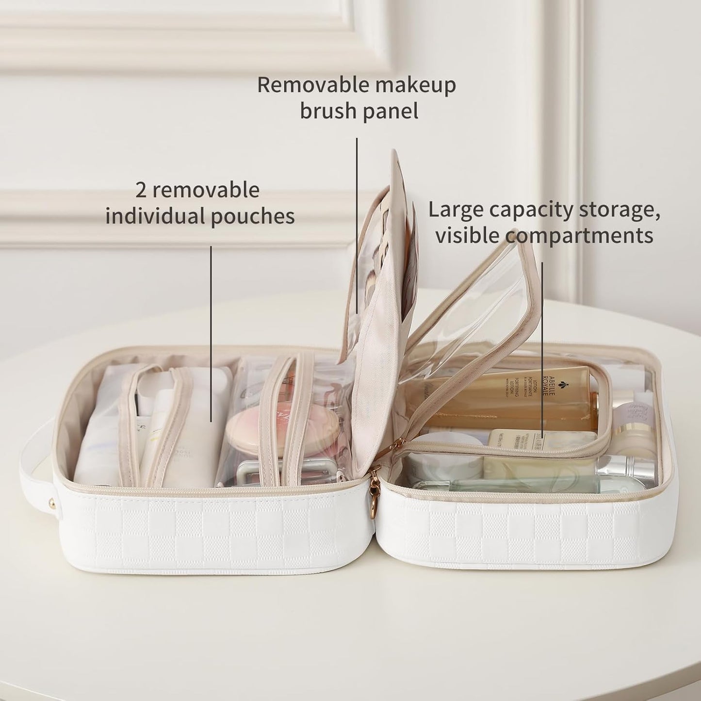 RIGHT AWAY Travel Toiletry Bag for Women, Waterproof Makeup Bag&Case, Portable Cosmetic Organizer Checkered Make up Bag for Full Sized Toiletries，Cosmetics and Travel-Size Accessories,White Checkered