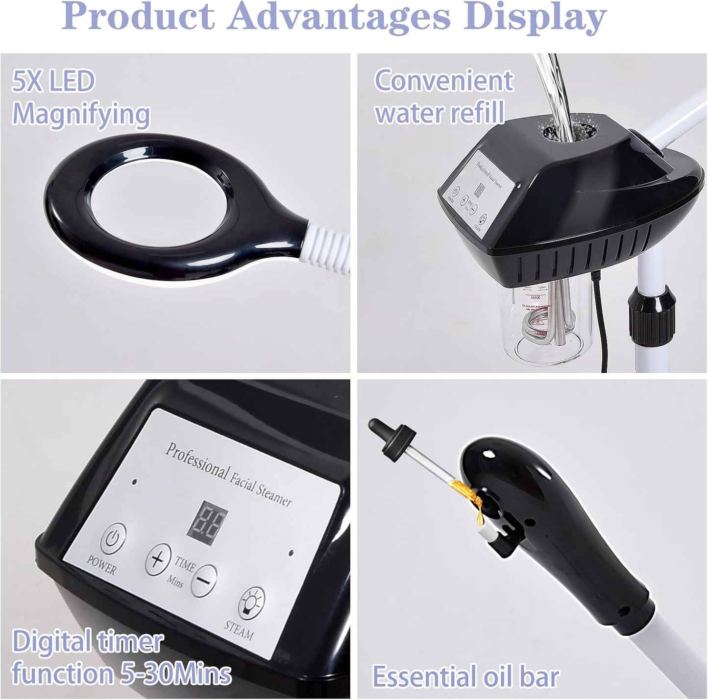 Professional Facial Steamer, 2 in 1 Face Steamer on Wheels, with 5X Magnifying Lamp, Facial Steamer with Time Setting, Stand Face Steamer Adjustable Height for Spa, Salon and at Home use
