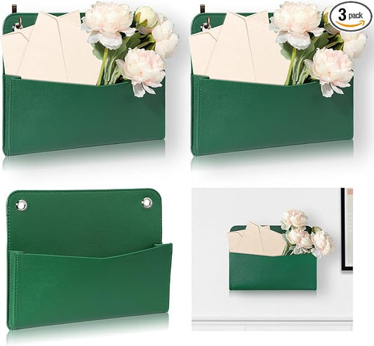 3 PCS Wall Mount PU Leather Mail Holder Green Faux Leather Letter Holder by Unknown