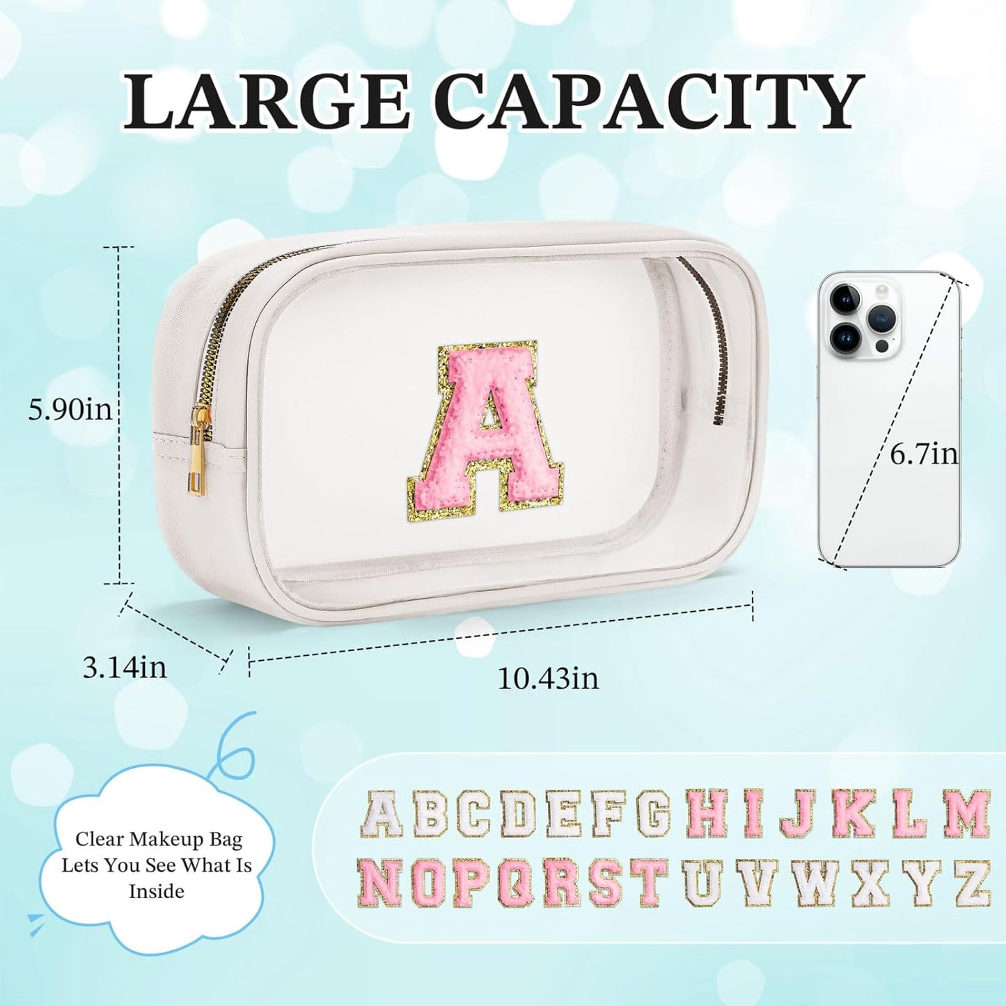 YOOLIFE Initial Make Up Bag Travel Toiletry Bag, Clear Makeup Bag Preppy Cosmetic Bag Clear Makeup Bags With Zipper Girlfriend Teacher 6 Year Old Girl Gifts Daughter Gifts Swim Gifts For Girls White M