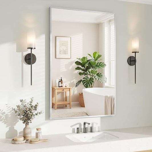Koonmi Silver Rectangle Wall Mirror, 26x38 Inch Bathroom Mirror, Aluminum Frame by KOONMI