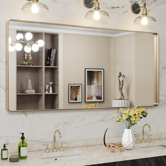 LOAAO 60”X28” Gold Bathroom Mirror, Rounded Rectangle Gold Frame Mirror by LOAAO