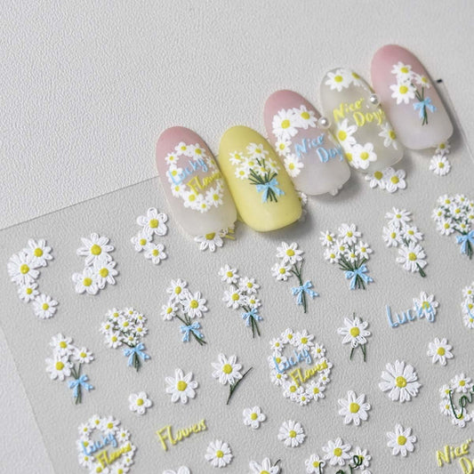5D Embossed Flower Nail Stickers Spring Floral Nail Art Stickers Daisy Nail Decals Cute Stickers for Nails Designs Self Adhesive Nail Art Supplies & Decorations for Women Girls 1 Sheet