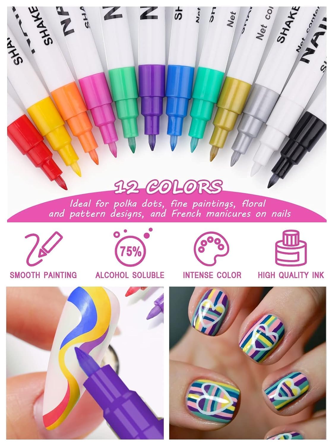12 Color 3D Nail Art Pens Set, Kalolary Nail Pens Nail Point Graffiti Dotting Pen Drawing Painting Liner Brush for DIY Nail Art Beauty Adorn Manicure Tools