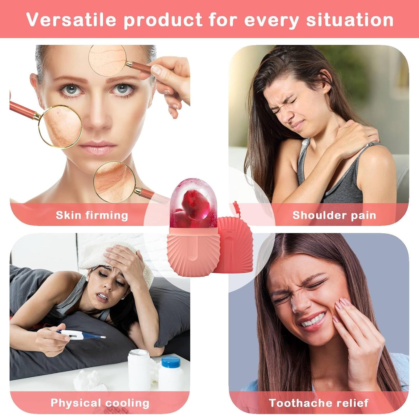 KOGITI Face Ice Roller & Mold - Beauty Facial Massage Tool for Puffiness Relief, Ice Cube Holder (Shell-Pink)