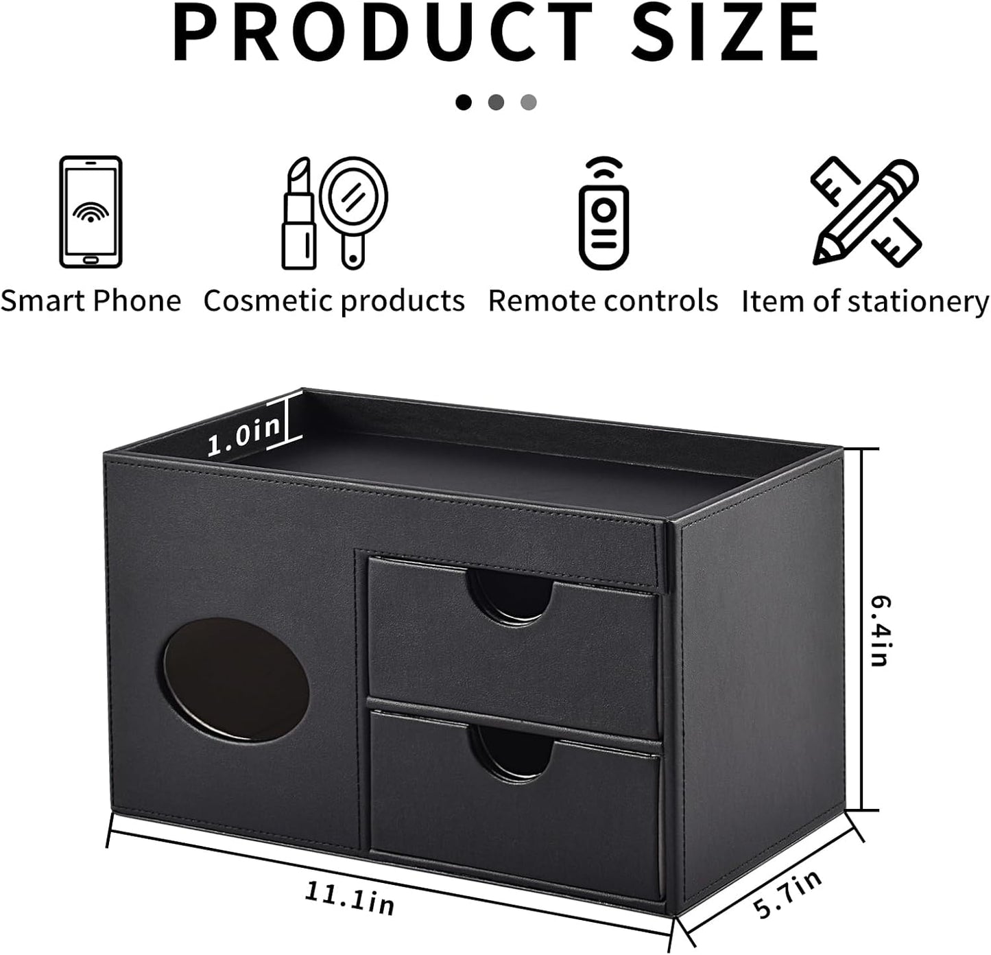 Square Tissue Box Cover with Drawers,Tissue Box Holder with Storage Tray, Makeup Organizer and Desk Organizer,Tissue Holders Decorative for Bathroom Vanity NightStand Dressing Table (Black)