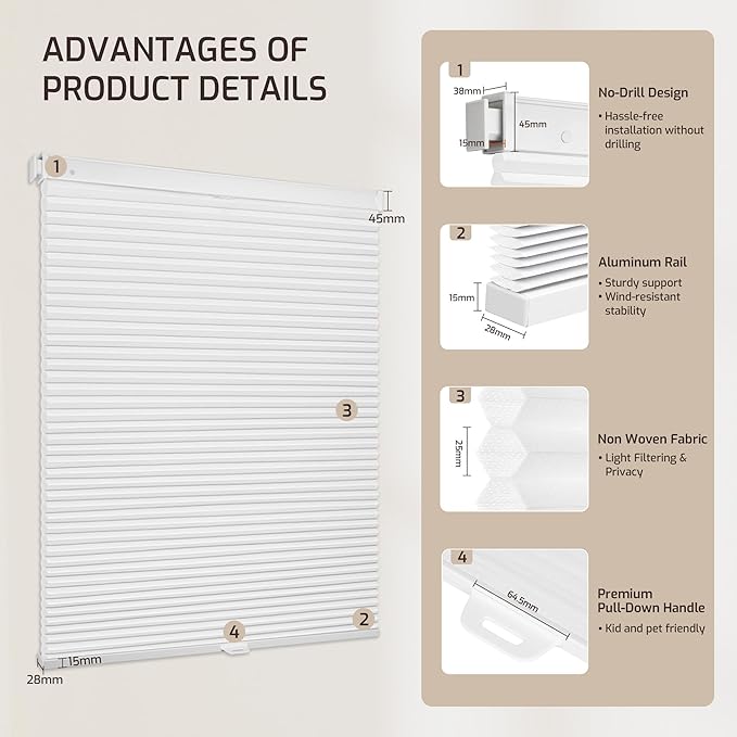 Grandekor No Drill No Tools Cordless Cellular Shades, 30.5" W x 64" H, Light - Image 9