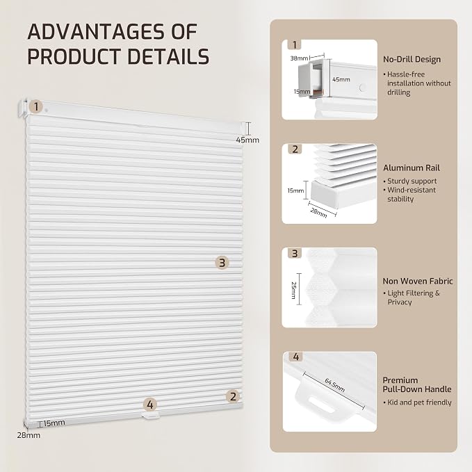 Grandekor No Drill No Tools Cordless Cellular Shades, 31.5" W x 64" H, Light - Image 9