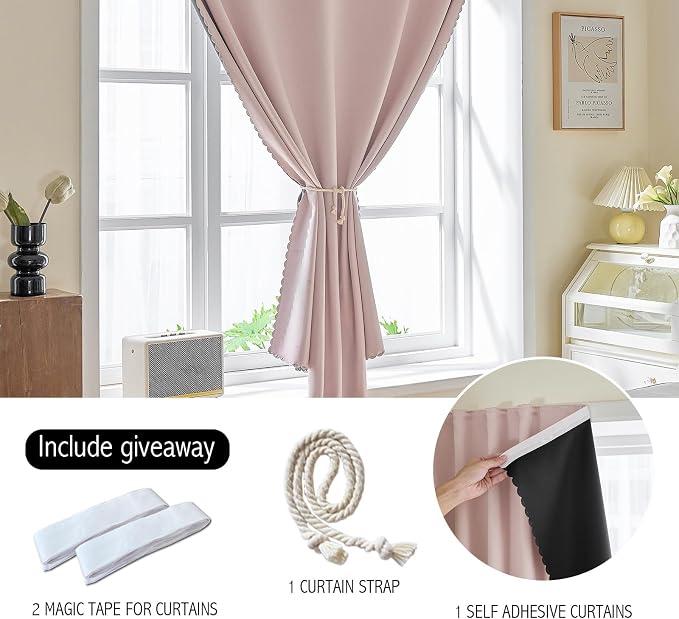AJAZZ 100% Black Out Curtains Adhesive Blackout Temporary Curtain Rod No - Image 4