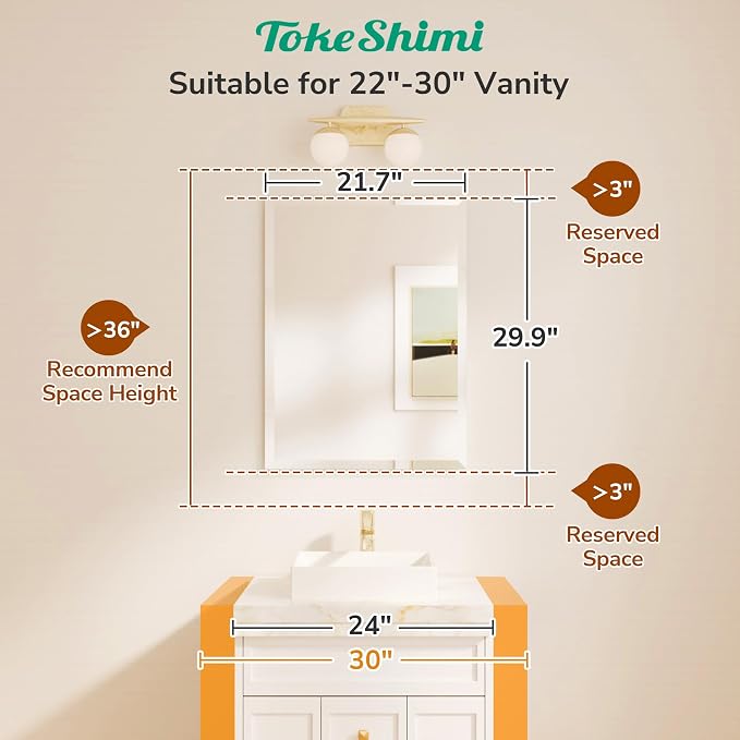 TokeShimi 22x30 Bathroom Vanity Mirror Beveled Rectangle, Frameless Mirror - Image 2