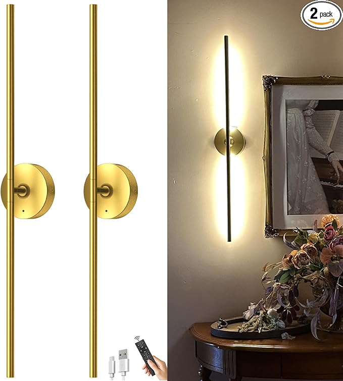 Battery Operated Wall Sconce Set of Two: Gold Wireless Rechargeable Wall Light by iThirdHomeOutdoorLighting