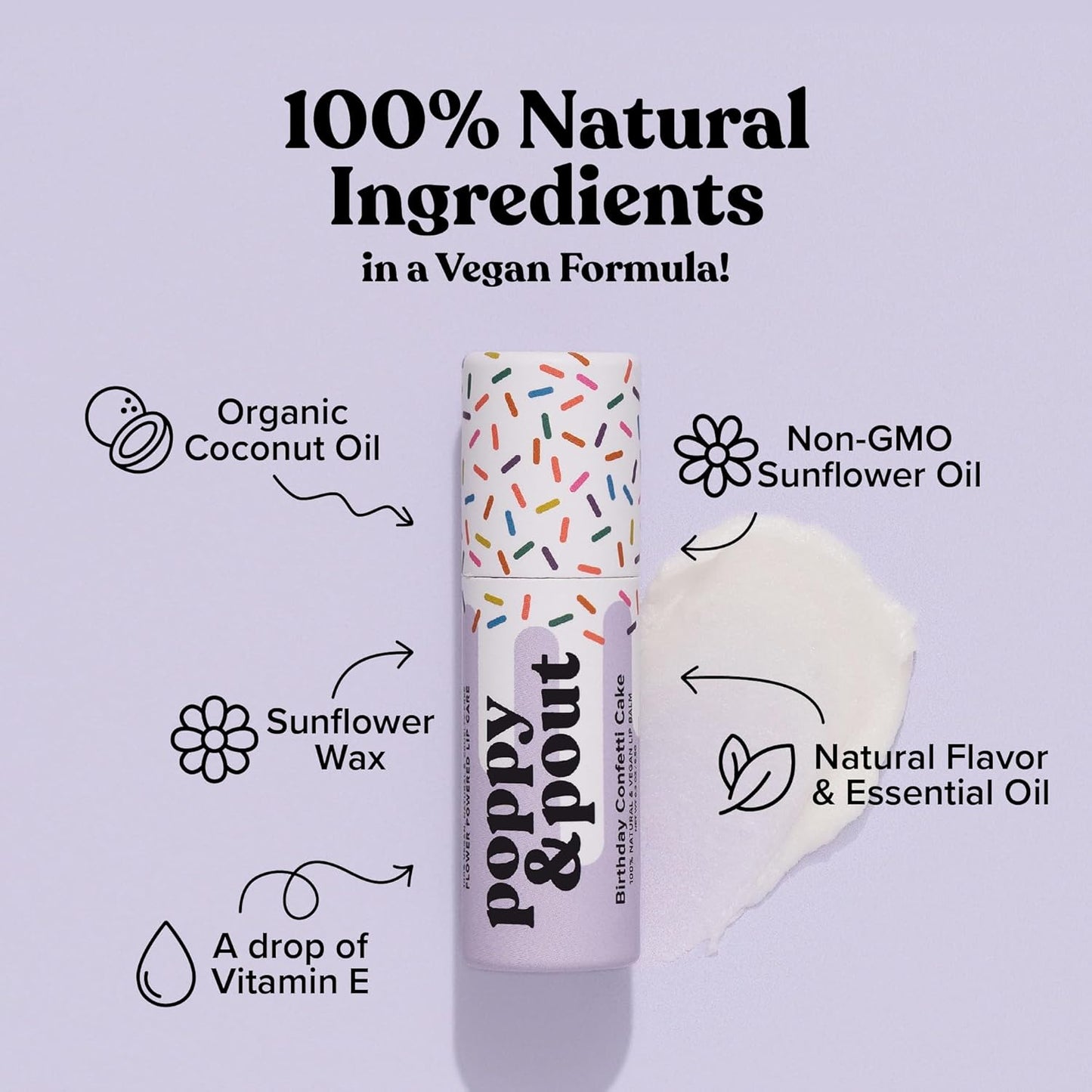 Poppy & Pout Birthday Cake Jumbo Lip Balm | All Natural Lip Balms & Moisturizers | Hydrates with Beeswax, Vitamin E, Organic Coconut Oil | Cruelty-Free | Lip Balm in Recyclable Cardboard Tube (Purple)