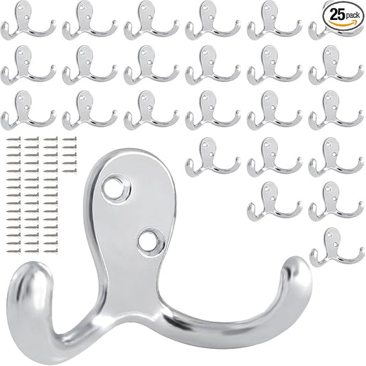 25 Pack Coat Hooks Wall Hooks for Hanging, Heavy Duty Double Prong Metal Hook by CBWLWJ