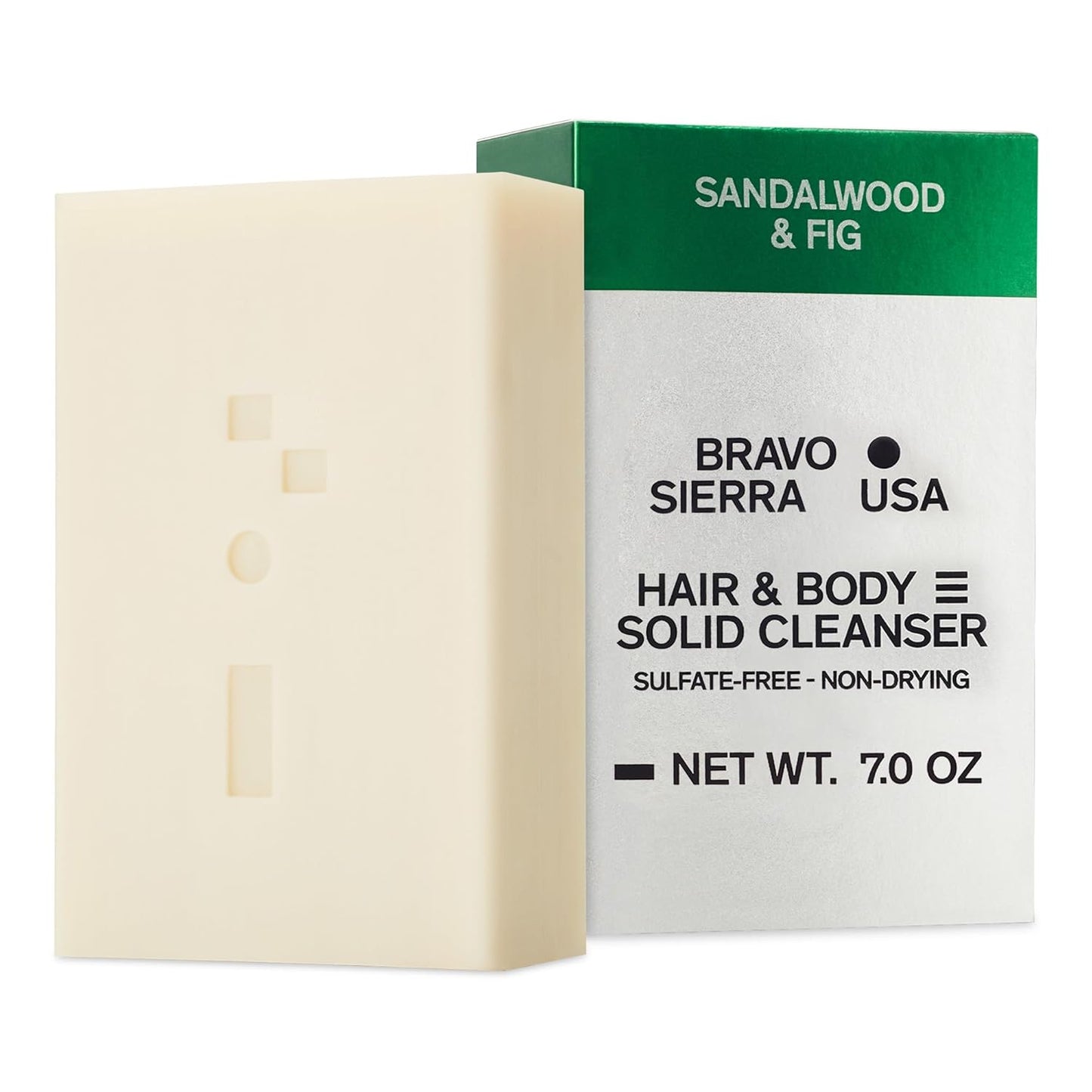 Bravo Sierra Body and Hair Mens Soap Bar All-In-One Shampoo & Soap for Men's Face, Hair & Body - Sandalwood & Fig, 7 oz - Coconut, Shea Butter and Oat Flour for Soft Skin and Healthy Hair
