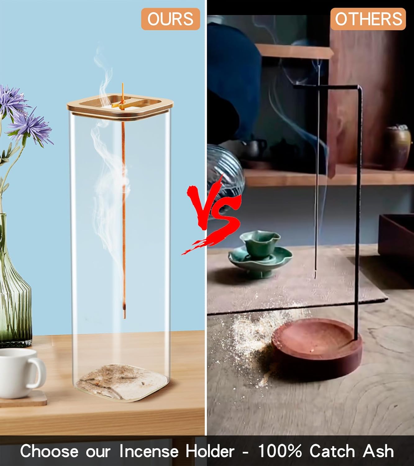 Insence-Stick Holder [Anti-Ash Flying], Modern Incense Burner Holder with Removable Glass Ash Catcher, for Home Decor Yoga Meditation (2 Pack Champagne Gold)