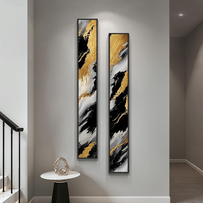 Framed Long Narrow Vertical Abstract Wall Art Set, 2 Piece Black White Gold by Cuspin