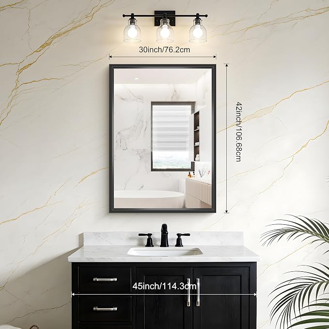 Bathroom Mirror, 42 x 30 Inch Brushed Black Rectangle Mirror, 0.6" Thickened - Image 2