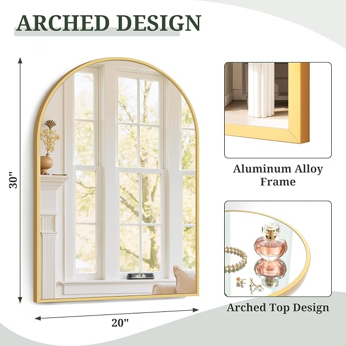 Arched Wall Mirror 30x20 Inch Gold Bathroom Vanity Mirror - Image 3