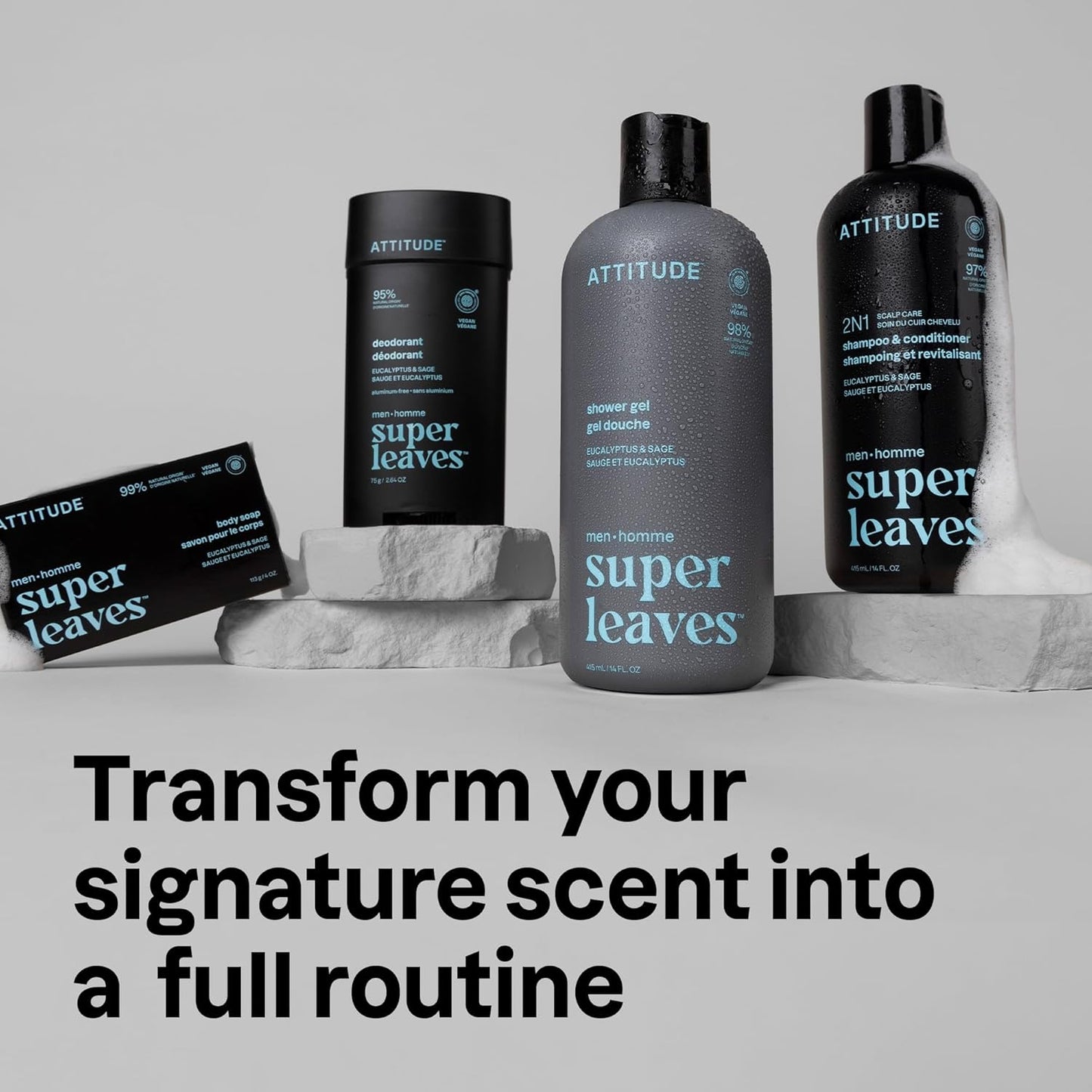 ATTITUDE Men's Shampoo and Conditioner 2-in-1, Scalp Care for Build Up & Oily Hair, Refresh With Peppermint & Willow Extract, 97% Natural Origin Ingredients, EWG Verified, Eucalyptus & Sage, 14 Fl Oz