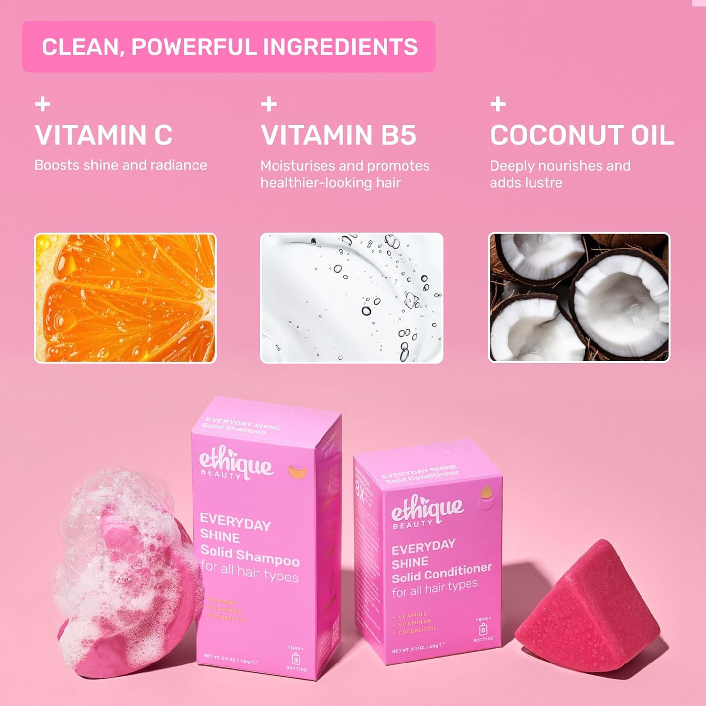 Ethique Everyday Shampoo Bar for soft, shiny hair with Vitamin C - Plastic-Free, Cruelty-Free, Vegan, 3.88 oz - Formerly Pinkalicious