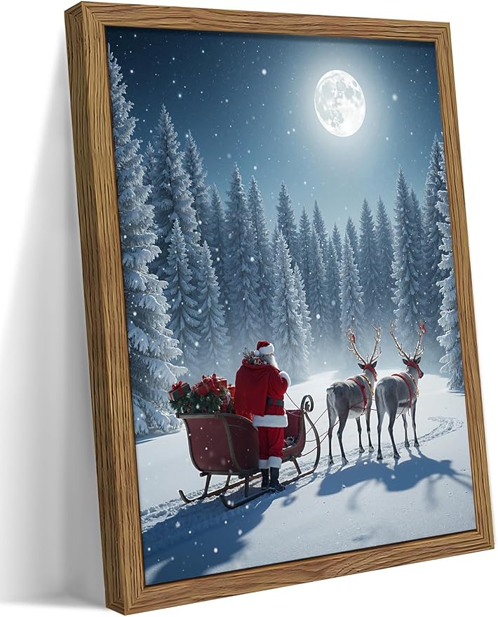 Framed Christmas Wall Decor, Santa Claus Delivering Christmas Gifts Canvas by ZNHARTWallArt