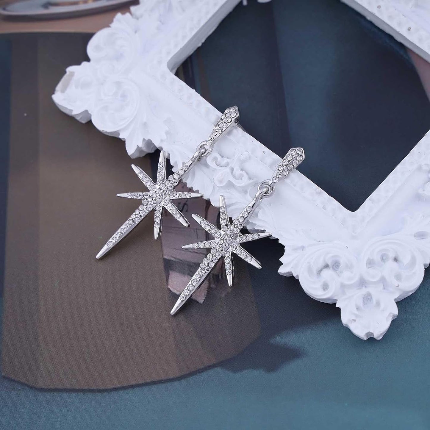 Vintage Crystal Northstar Dangle Earrings Rhinestone Northstar Studs Earrings Gold Cz Star Drop Earrings Sparkly Cz Starburst Earrings Jewelry for Women