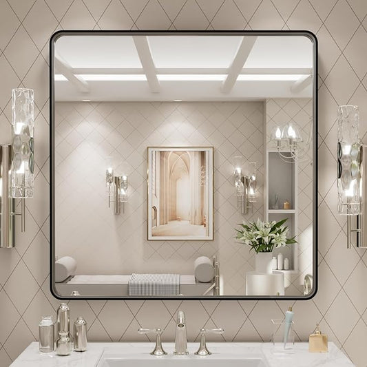 LOAAO 30x30 Inch Black Metal Framed Bathroom Mirror by LOAAO