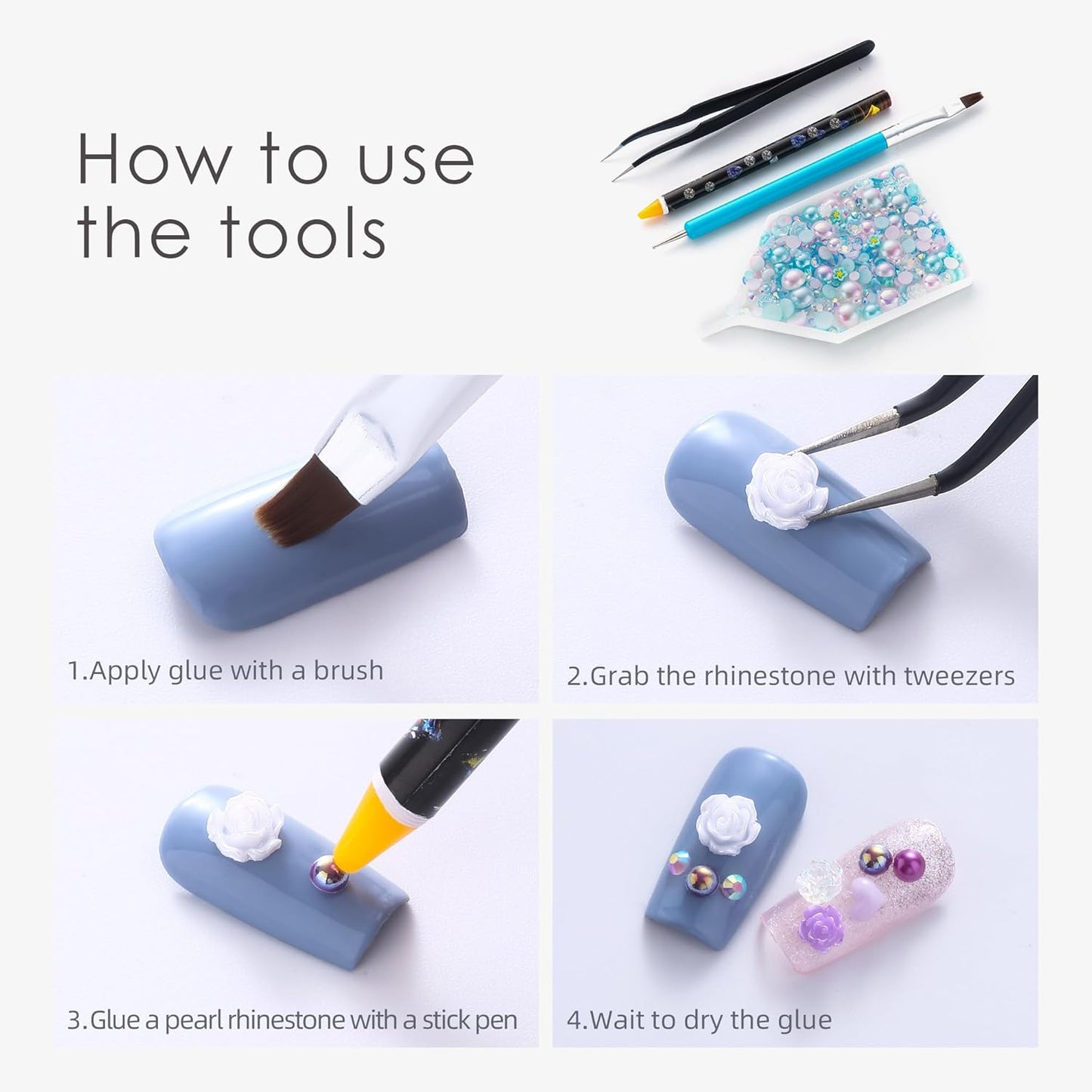 160g Cyan White Flat Back Pearls Rhinestones for Crafts Mixed Size 3mm-10mm AB Color Round Half Pearls Flatback Pearl Beads and Resin Rhinestones Set for Face Art