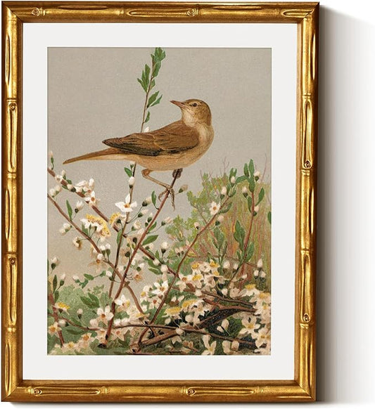InSimSea Gold Bamboo Framed Canvas Wall Art, Spring Bird on Branch Paintings by InSimSeaArt